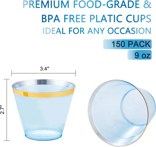 Miniatura 2 de LUODA 150 vasos de plástico azul, vasos desechables transparentes de 9 onzas con borde dorado, vasos de plástico con borde dorado, vasos de plástico