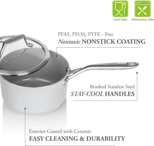 Miniatura 6 de TECHEF - CeraTerra Collection, cacerola antiadherente de cerámica de 2 cuartos con tapa de vidrio (sin PTFE, PFAS ni PFOA), fabricada en Corea
