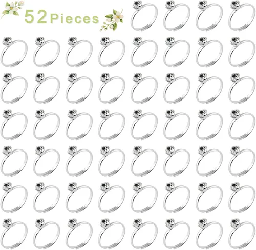 Miniatura 3 de Naler Paquete de 52 anillos plateados para despedida de soltera, anillos de compromiso de diamantes plateados para decoración de mesa de boda