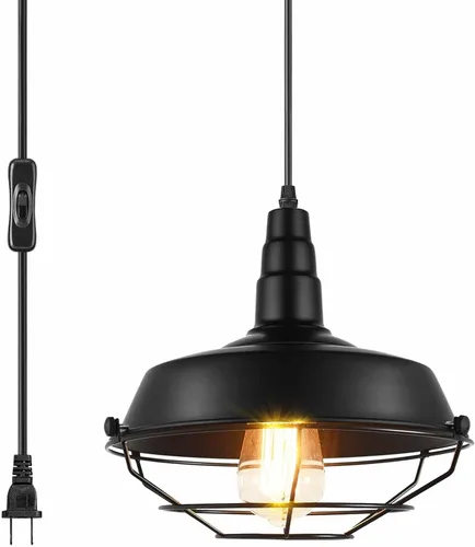 Candelabros de luz colgante con enchufe, cable trenzado de 15 pies y lámpara colgante, iluminación vintage para isla de cocina (NEGRO-10.23 pulgadas)