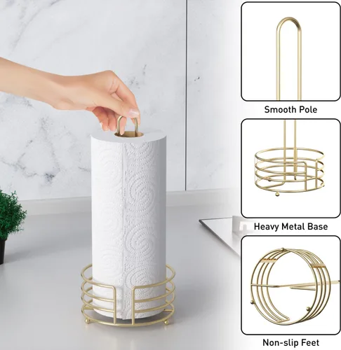 Miniatura 4 de Buruis Soporte de toallas de papel para encimera, dispensador de toallas de papel de metal con asa en forma de U y base estable, dorado