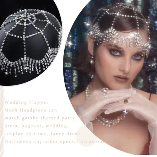 Miniatura 5 de NAISKA Diadema de malla con diamantes de imitación de los años 20, con borla plateada, cadena de cabeza de cristal, tocados de novia, vintage