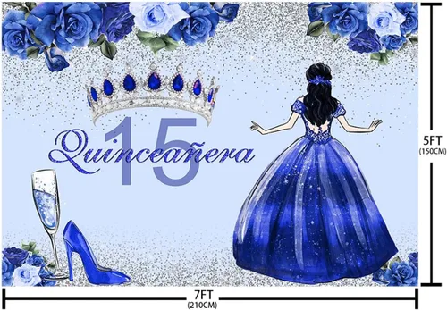 Miniatura 4 de Sendy Telón de fondo de quinceañera de 15 cumpleaños para niñas, vestido azul, corona de princesa, fondo de fotografía, flores azules y zapatos