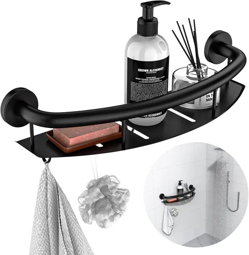 Miniatura 11 de Barra de seguridad blanca de 18 pulgadas con estante de almacenamiento para bañera o ducha, orificios de drenaje, acero inoxidable, barras de agarre