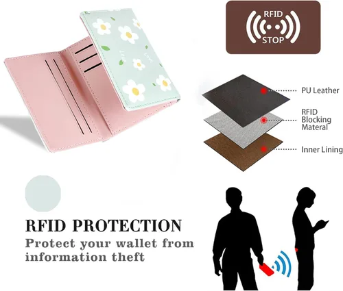 Miniatura 81 de CONISY Lindas carteras para mujer, de cuero con bloqueo RFID, pequeña cartera triple con ventana de identificación para niñas y mujeres