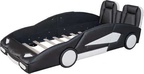 Miniatura 7 de SOFTSEA Cama de auto de carreras de tamaño individual, marco de cama con ruedas en forma de automóvil, marco de cama con barandilla y cabecera
