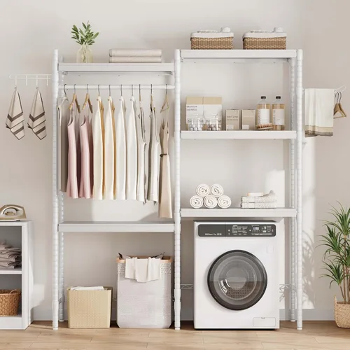Miniatura 6 de IDEALHOUSE Estante ajustable para lavadora y secadora de 30 pulgadas, organizador de lavandería resistente de 5 niveles con capacidad de estante