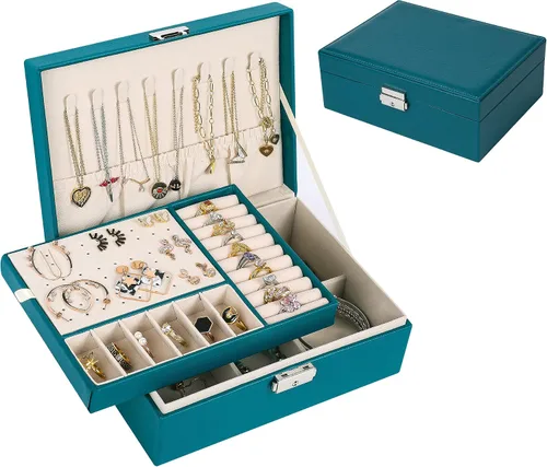 Joyero para mujer cuero con candado organizador portátil de joyas de 2 capas y caja de almacenamiento collares pulseras anillos soporte para aretes