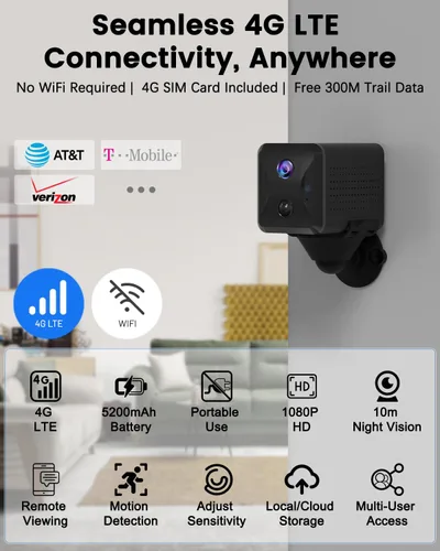 Miniatura 2 de Cámara de seguridad celular 4G LTE sin WiFi con tarjeta SIM 4G, capacidad de batería de 5200 mAh más grande, 2K HD portátil sin cámara de seguridad