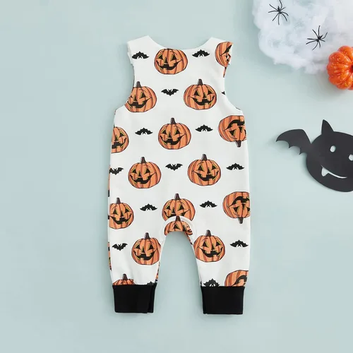 Miniatura 3 de Mameluco de Halloween para recién nacido, sin mangas, estampado de calabaza, overol