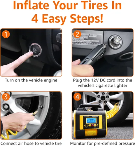 Miniatura 3 de Amazon Basics Inflador portátil de neumáticos de coche con medidor de presión digital, 150 PSI, 12 V CC, negro