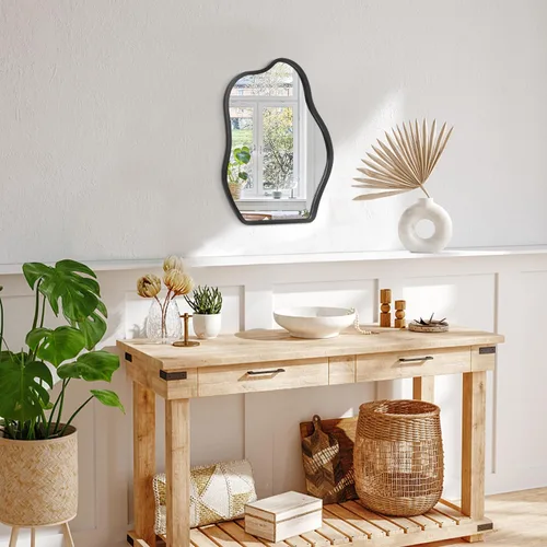 Miniatura 3 de Espejo de pared asimétrico con marco de madera, espejo colgante moderno irregular para pared para tocador, sala de estar, dormitorio, baño, entrada