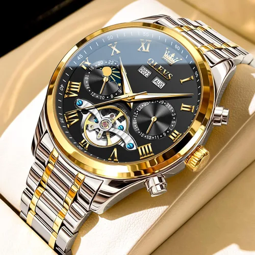 Miniatura 2 de OLEVS Relojes automáticos para hombre, esqueleto Tourbillon, reloj de pulsera de lujo con diamantes de cuerda automática, acero inoxidable