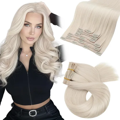 Miniatura 77 de Moresoo Extensiones de cabello humano Remy con clip, color rubio platino, extensiones de cabello humano real de doble trama, color rubio #60, 18