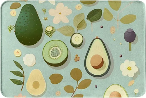 OOZ Tapetes de franela suaves antideslizantes para cocina, alfombra de baño para baño, dormitorio, aguacates y flores, hojas florales, tapete de