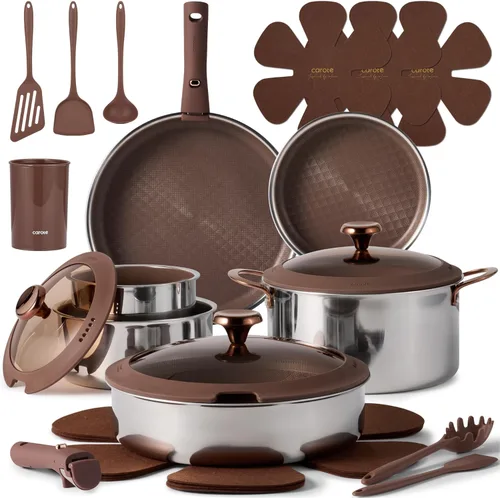 CAROTE Juego de 22 utensilios de cocina de acero inoxidable, juego de ollas y sartenes antiadherentes híbridas de cerámica, utensilios de cocina de