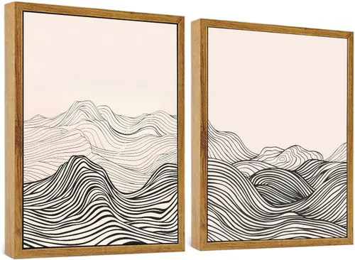 ARTZIO Lienzo enmarcado para pared, arte minimalista abstracto japonés de líneas onduladas en blanco y negro, listo para colgar, decoración retro