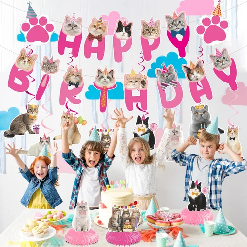Miniatura 6 de Remolinos colgantes para fiesta de cumpleaños de gatos - NOVBAUB 20 unidades, encantadores suministros de fiesta de cumpleaños de gato rosa, centros