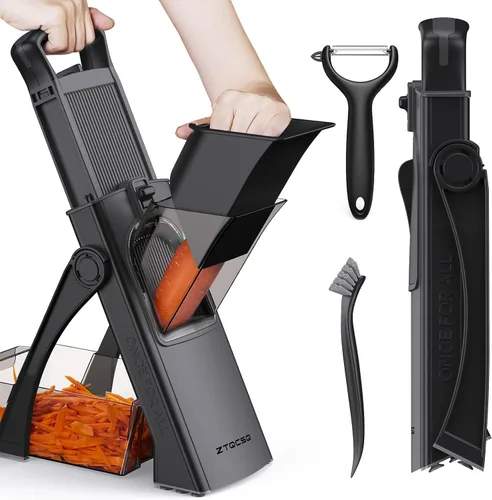 2025 [Todo en 1] Versión mejorada de mandolina segura para la cocina, grosor ajustable. Cortador de verduras, mandolina de preparación rápida, Black