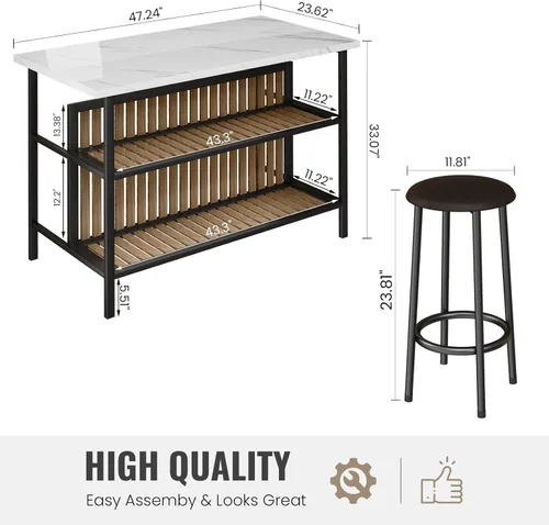 Miniatura 7 de AWQM Isla de cocina con asiento y estante de almacenamiento, mesa de isla de mármol sintético para cocina, mesa de bar moderna y sillas para 2
