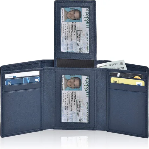 Cartera de cuero RFID hecha a mano para hombres, elegante cartera de bolsillo frontal triple con 2 ranuras para identificación y 9 tarjetas, Azul