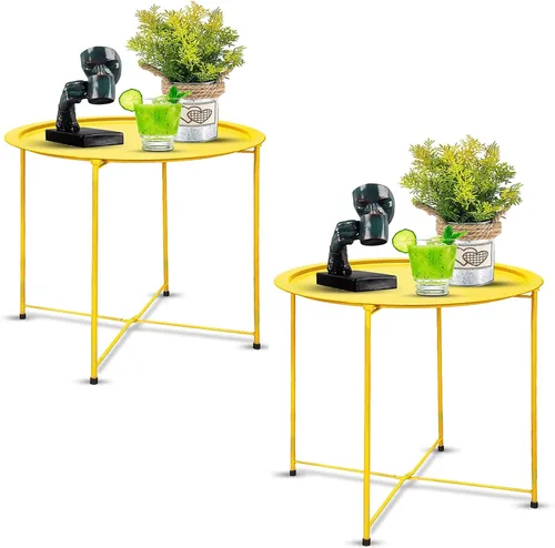 Miniatura 10 de Garden 4 you Juego de 2 mesas auxiliares, mesa auxiliar para exteriores, mesa pequeña para patio, mesa auxiliar de metal, mesa auxiliar redonda Verde