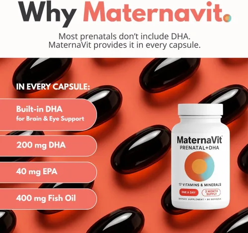 Miniatura 2 de MaternaVit 1 al día Vitaminas prenatales para mujeres 2 mes: ácido fólico, aceite de pescado Omega 3 DHA/EPA, vitamina D3, B6, Vitmain B12, C, E