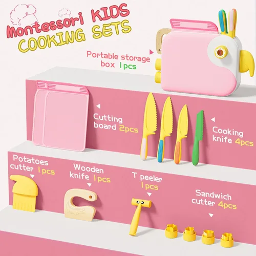 Miniatura 2 de Herramientas de Cocina Montessori para Niños Pequeños, Cuchillo para Niños para Cocina Real, Juego de Cuchillos para Niños Pequeños con Caja de Rosa