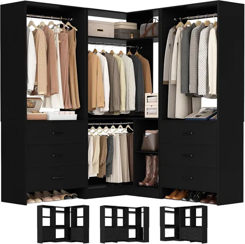 Aheaplus Sistema de armario con 6 cajones, 4 varillas para colgar y torre de esquina, sistema de armario de esquina con colgante, organizador de