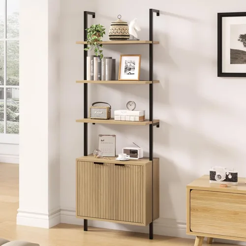 Miniatura 12 de Estantería de escalera con gabinete, estantería de pared de 71 pulgadas de alto con estantes y almacenamiento, estante de escalera estriado