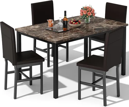 Hooseng Juego de mesa de comedor de 5 piezas para 4, mesa de cocina de mármol sintético con sillas tapizadas, juego de mesa moderno para comedor,