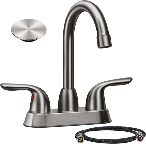 Miniatura 20 de SOKA Grifo dorado para lavabo de baño con cascada, grifo de lavabo de un solo orificio con drenaje emergente, grifo moderno para fregadero de tocador