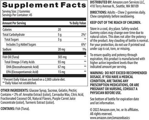 Miniatura 5 de Amazon Basics Aceite de pescado 303 mg, sabores de limón, naranja y fresa-plátano, 90 gomitas (2 por porción), ácidos grasos omega-3 EPA y DHA