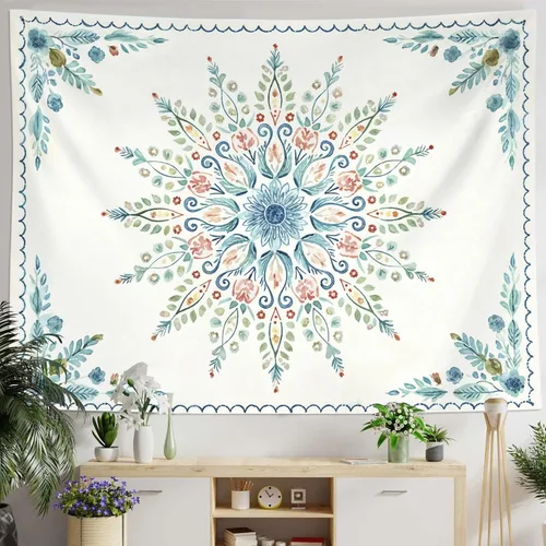 Miniatura 23 de Accnicc Tapiz bohemio con mandala floral para dormitorio, tapiz de pared con flores bohemias, pequeño, acuarela, azul, blanco, hippie, indio
