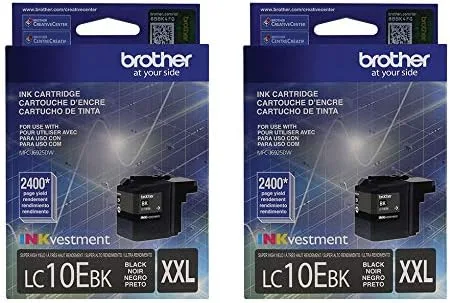 Brother LC10EBK - Cartucho de tinta negra de alto rendimiento original, paquete de 2, tinta negra de repuesto, rendimiento de página de hasta 2,400