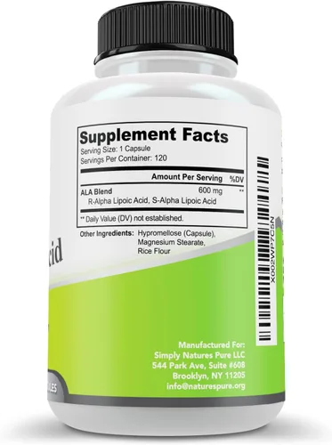 Miniatura 6 de Simply Nature's Pure - Ácido alfa lipoico 600 mg, 120 cápsulas vegetarianas, RLA R-LA R-lipoico S-lipoico, ALA, ácido tióctico, 4 meses de suministro