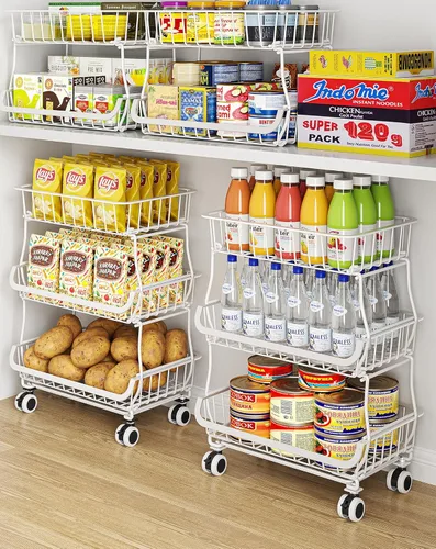 Miniatura 10 de OKZEST Organizador de piso de despensa rodante de 3 niveles y carrito de almacenamiento con ruedas, cestas apilables de despensa de alambre
