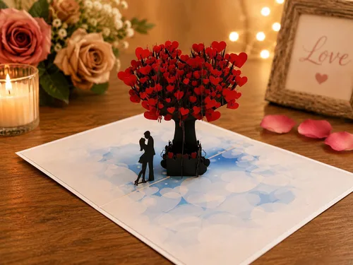 Miniatura 2 de Tarjeta de árbol de corazón desplegable 3D, tarjeta desplegable de árbol del amor hecha a mano, tarjetas emergentes 3D para el día de San Valentín