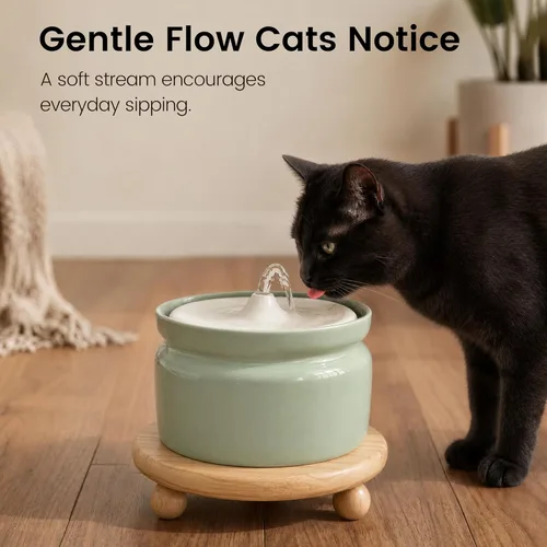 Miniatura 3 de Fuente de agua de cerámica para gatos, fuente automática para beber mascotas de 1 litro/32 onzas, bomba silenciosa alimentada por USB, triple Crema