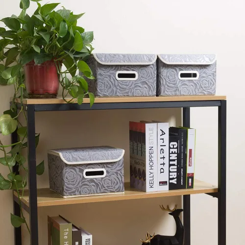 Miniatura 3 de PRANDOM Cajas de almacenamiento apilables con tapas [paquete de 5] cubos de almacenamiento decorativos de tela, canastas organizadoras con asas