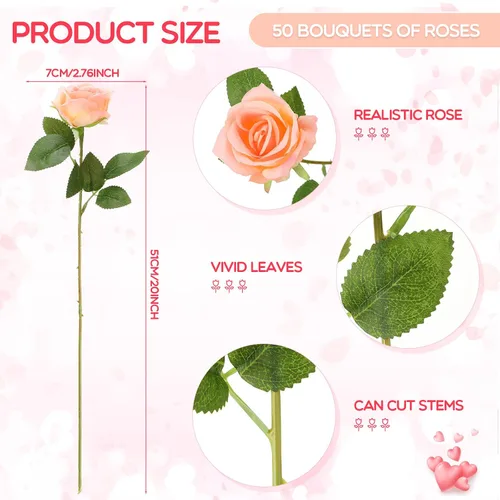 Miniatura 2 de Jexine 50 piezas de flores de rosa artificiales a granel realistas de seda falsa con tallo largo, ramo de flores artificiales de plástico de aspecto