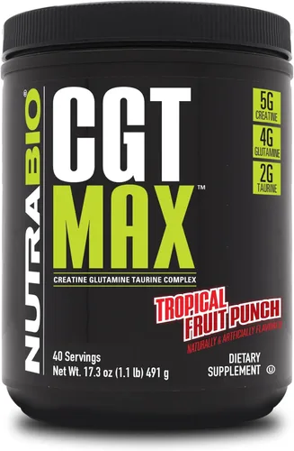 NutraBio Polvo CGT-MAX - Creatina, glutamina y taurina para apoyar la recuperación muscular y la fuerza - 40 porciones - Ponche de frutas