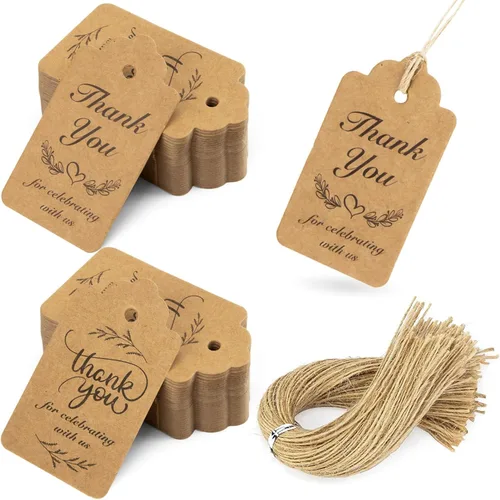 SallyFashion 100 unidades de etiquetas de agradecimiento, etiquetas de papel kraft para regalo con cuerdas para colgar para boda, despedida de Marrón