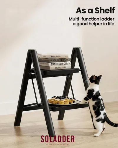 Miniatura 8 de SOLADDER Taburete de 2 peldaños con pedal antideslizante y ancho, escalera de hierro portátil plegable para el hogar y la cocina, 300 libras