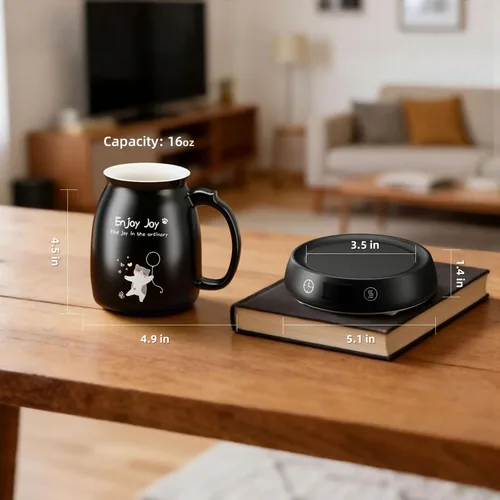 Miniatura 7 de Calentador de taza de café con bonito juego de tazas de gato, calentador eléctrico de 8 horas de apagado automático para escritorio, oficina, hogar
