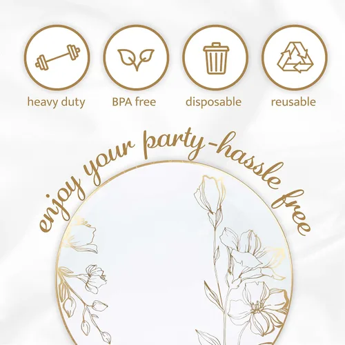 Miniatura 7 de [Platos de 10 pulgadas, 10 unidades] Platos de cena de fiesta de diseño floral de plástico blanco con borde dorado, vajilla desechable elegante