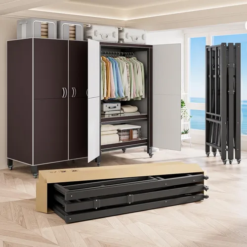 Miniatura 14 de Perchero cubierto resistente con puerta magnética, plegable, portátil, para colgar ropa, perchero de metal negro con ruedas (negro, 49.12 pulgadas)