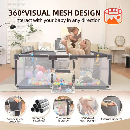 Miniatura 4 de Corralito para bebés y niños pequeños, 73"x71" corralito para bebés con alfombra para interiores y exteriores con corralito transpirable con pelotas