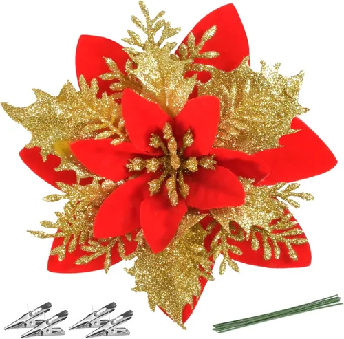 Miniatura 9 de FurRain Flores Artificiales de Navidad de Poinsettia 5.5" Guirnalda de Árbol de Navidad 12 Piezas Flores con Brillantina Adornos para Navidad Nueva