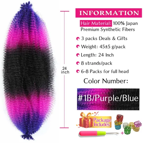 Miniatura 2 de Cabello Afro Twist de 24 Pulgadas 3 Paquetes, Cabello Afro Twist Elástico Pre-Esponjado Cabello Spring Twist Pre-Estirado Cabello para Envolver